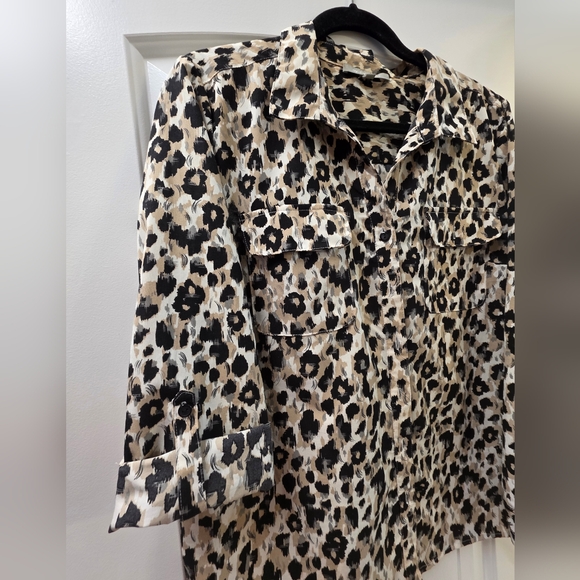 NY Collection Leopard Print Blouse Button-Up Utility Top 3/4 Roll Sleeves Large - Picture 6 of 11